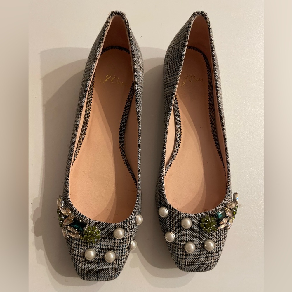 J. Crew Women's Plaid Flats with Pearl and Gem Accents, size 9